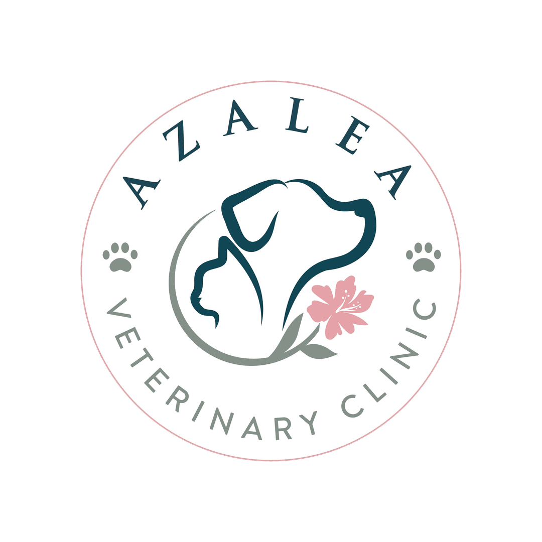 Azalea Veterinary Clinic logo with dog, cat, and azalea flower