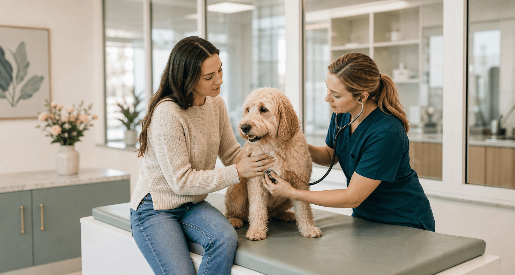 A veterinarian examining a dog while the pet owner stays beside them in a calm, modern clinic